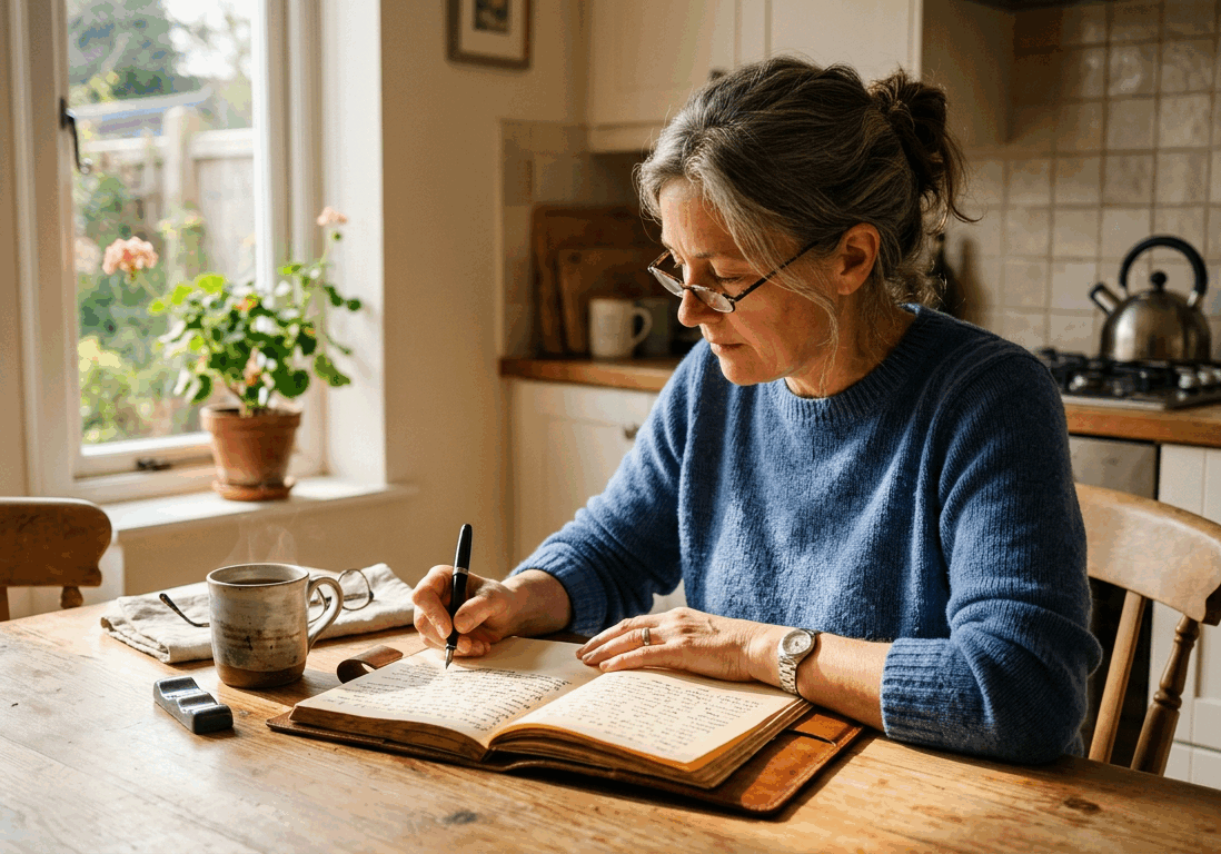 woman in her fifties writes in a journal
