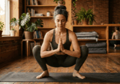 woman in her forties moves through a deep squat