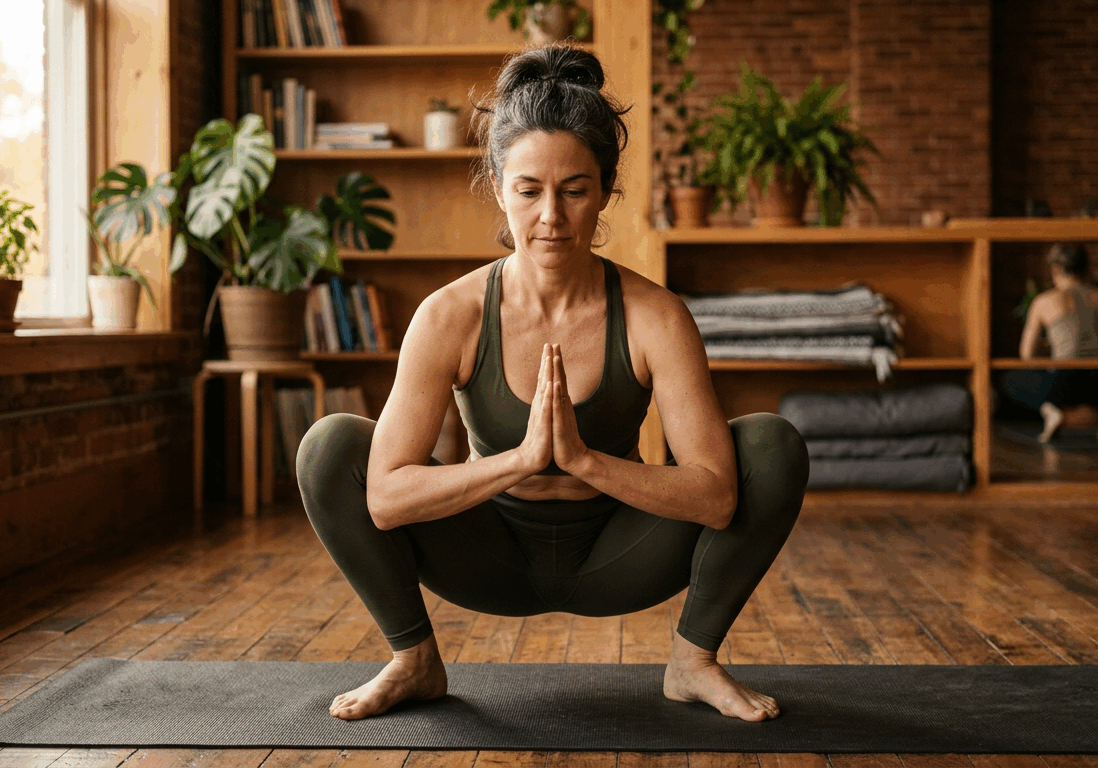 woman in her forties moves through a deep squat