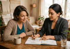 woman in her forties sits across from a nutritionist
