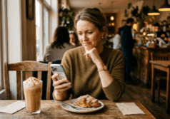 woman in her forties sits at a cafe