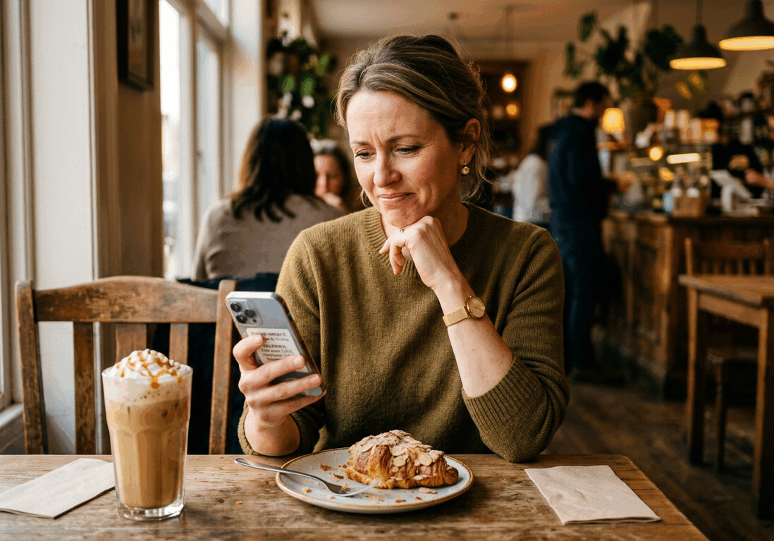 woman in her forties sits at a cafe