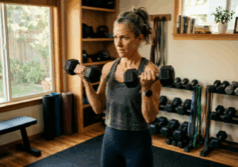 woman in her late forties lifts dumbbells