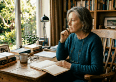 woman in her mid-fifties sits at her desk