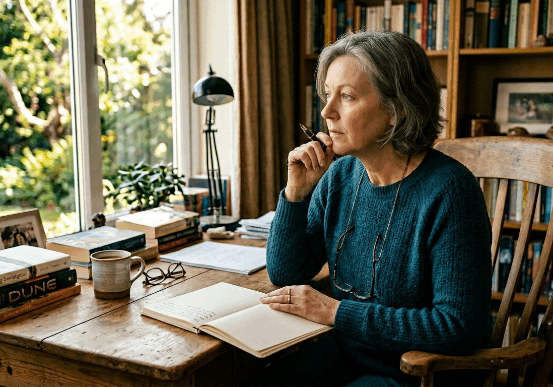 woman in her mid-fifties sits at her desk