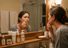 woman in her thirties looks at her own reflection
