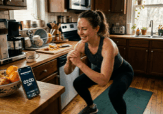 woman in workout clothes finishes a squat