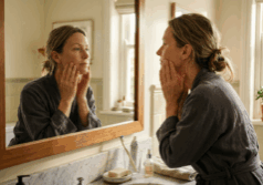 woman looks into a bathroom mirror