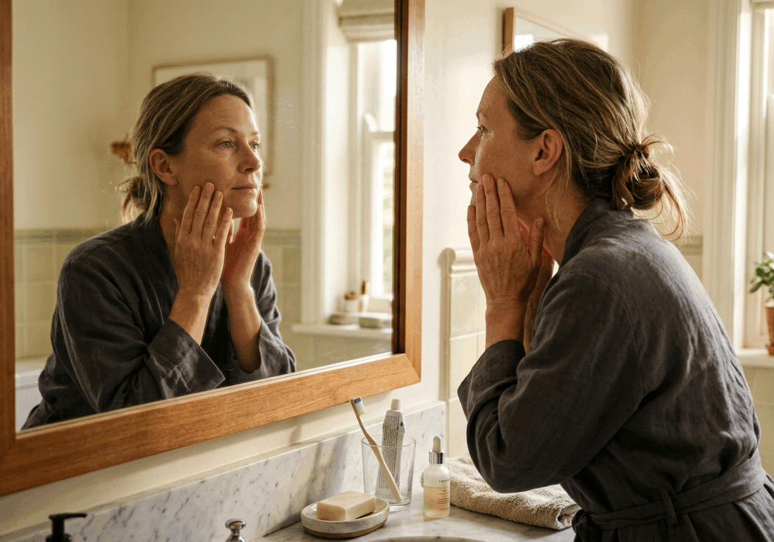 woman looks into a bathroom mirror