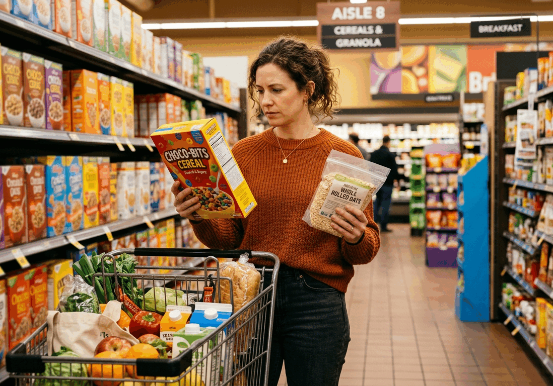 woman pushes a full shopping cart