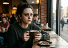 woman sits at a cafe in the morning