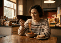 woman sits at a kitchen table with a bowl of pasta