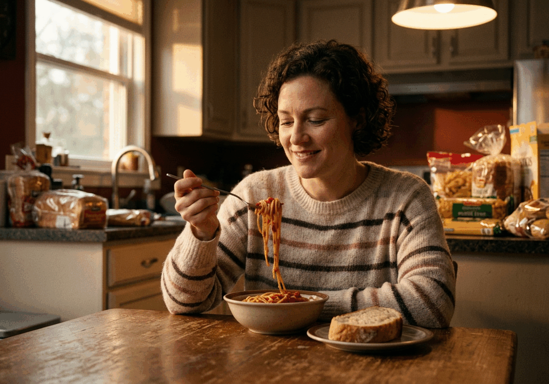 woman sits at a kitchen table with a bowl of pasta