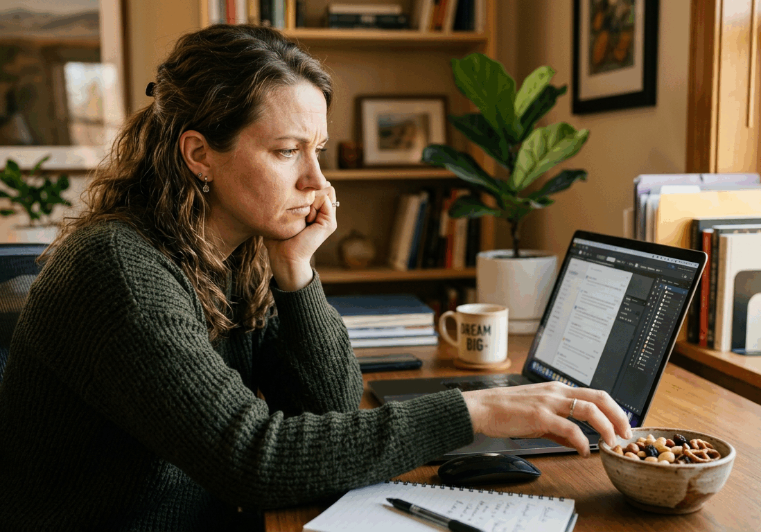 woman sits at a work desk