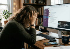 woman sits at her home desk