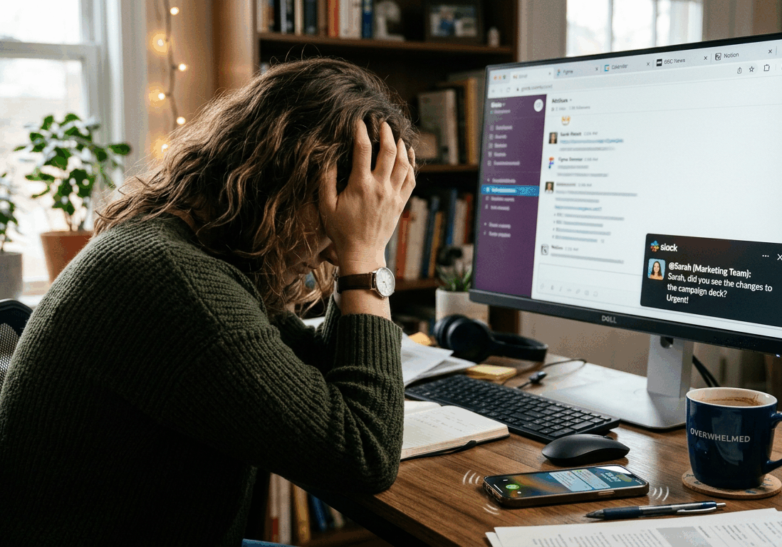 woman sits at her home desk