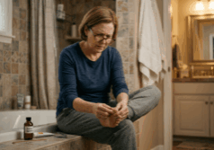 woman sits on the edge of her bathtub inspecting a toenails