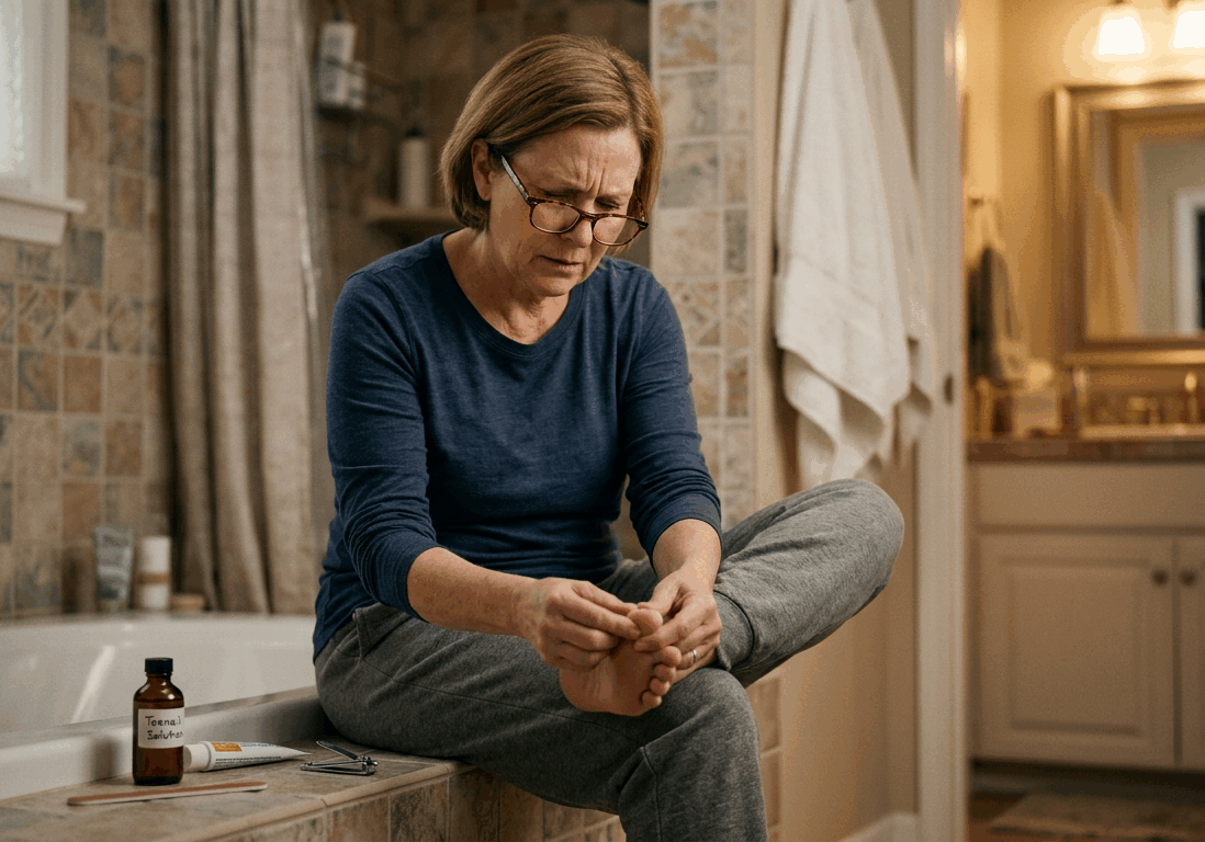 woman sits on the edge of her bathtub inspecting a toenails