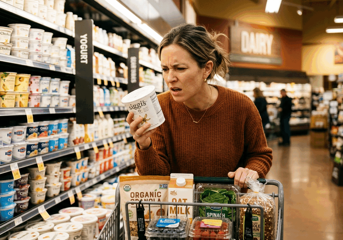 woman squints at the ingredient label