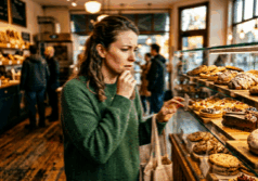 woman stands at a bakery display