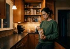 woman stands at an open kitchen