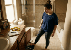 woman stands on a scale