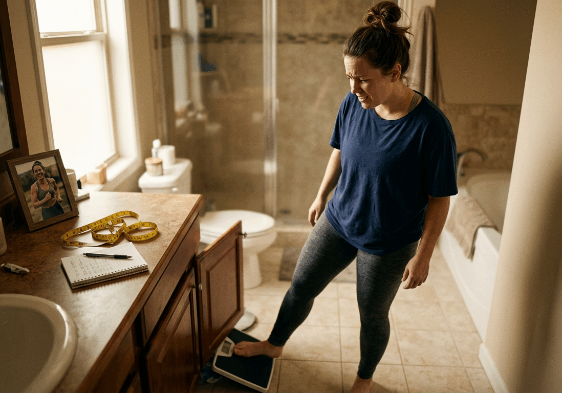 woman stands on a scale