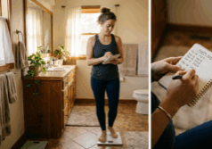 woman steps off a scale