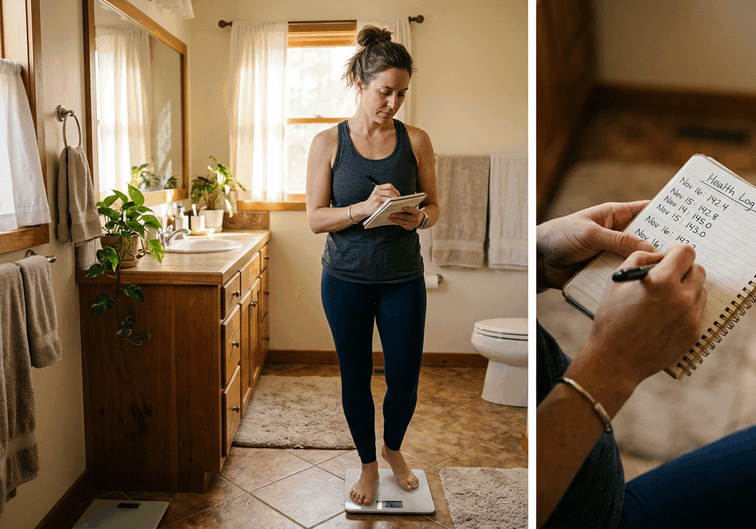 woman steps off a scale