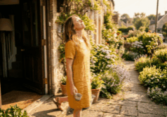 woman steps out of her front door