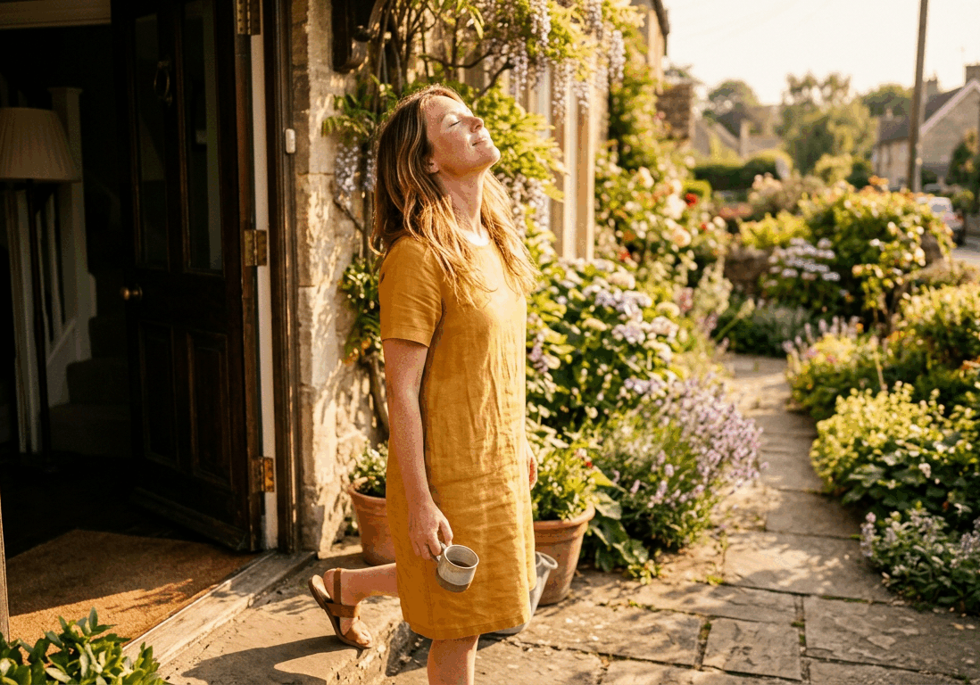 woman steps out of her front door